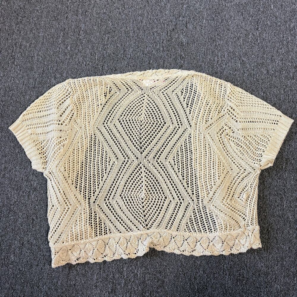 Vintage Y2k Crochet Knit Beige Short Sleeve Open Front Cardigan Top Women's S - Picture 2 of 5
